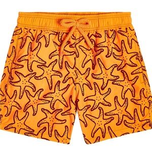 Vilebrequin Kids - Orange swim trunks with velvet textured maroon starfish print